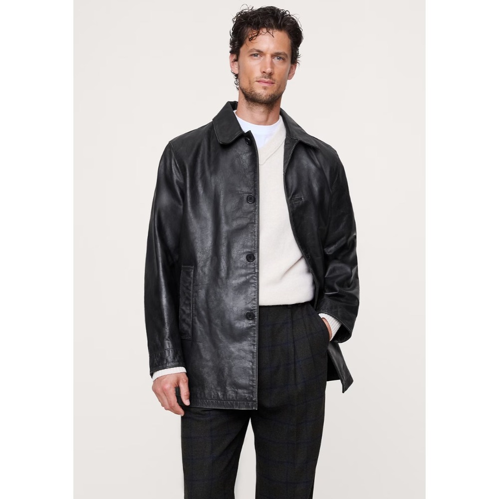 Banana‎ Republic Men's Medium Relaxed Leather Carcoat Black Button Jacket NWT